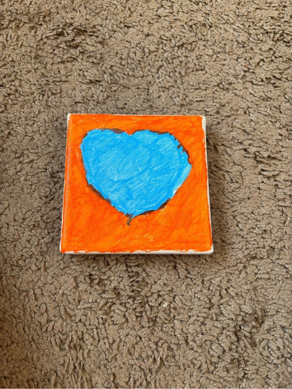Hand-Painted Blue Heart on Orange Canvas Wall Art